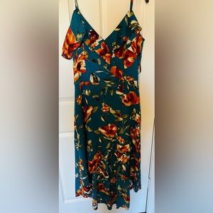 Teal Floral Print Off Shoulder Cinch Waist Flowing Dress